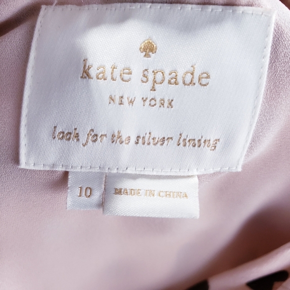 KATE SPADE Heartbeat Silk Faux Wrap Dress Tan Black Hearts Belted V-Neck Size 10 - Picture 11 of 14